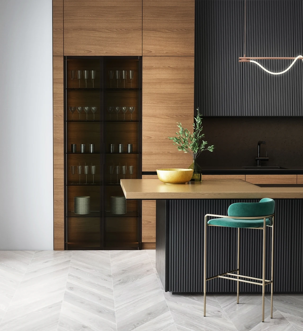 Bar en casa con gabinetes oscuros acanalados, paneles de madera cálida y vitrina de vidrio