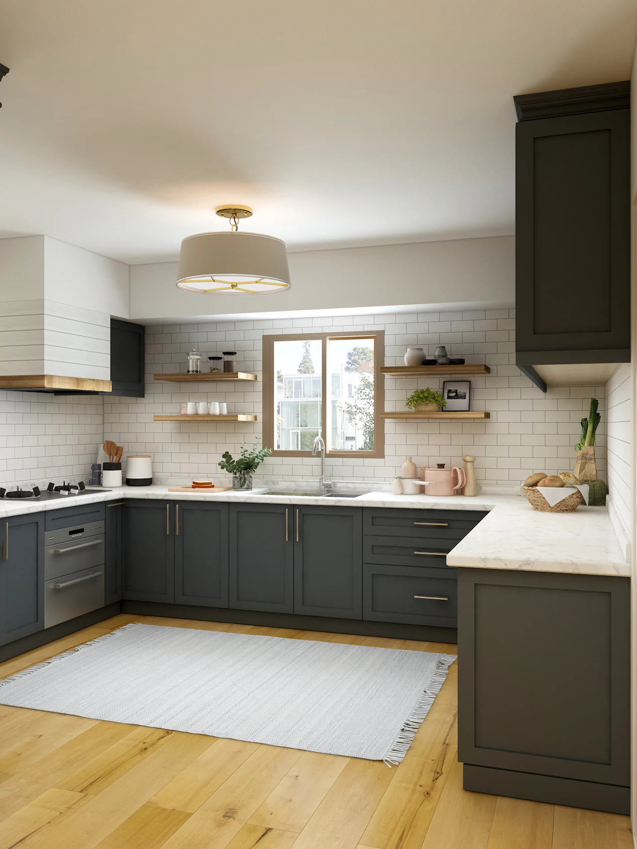 Cocina con gabinetes shaker verde salvia y repisas abiertas