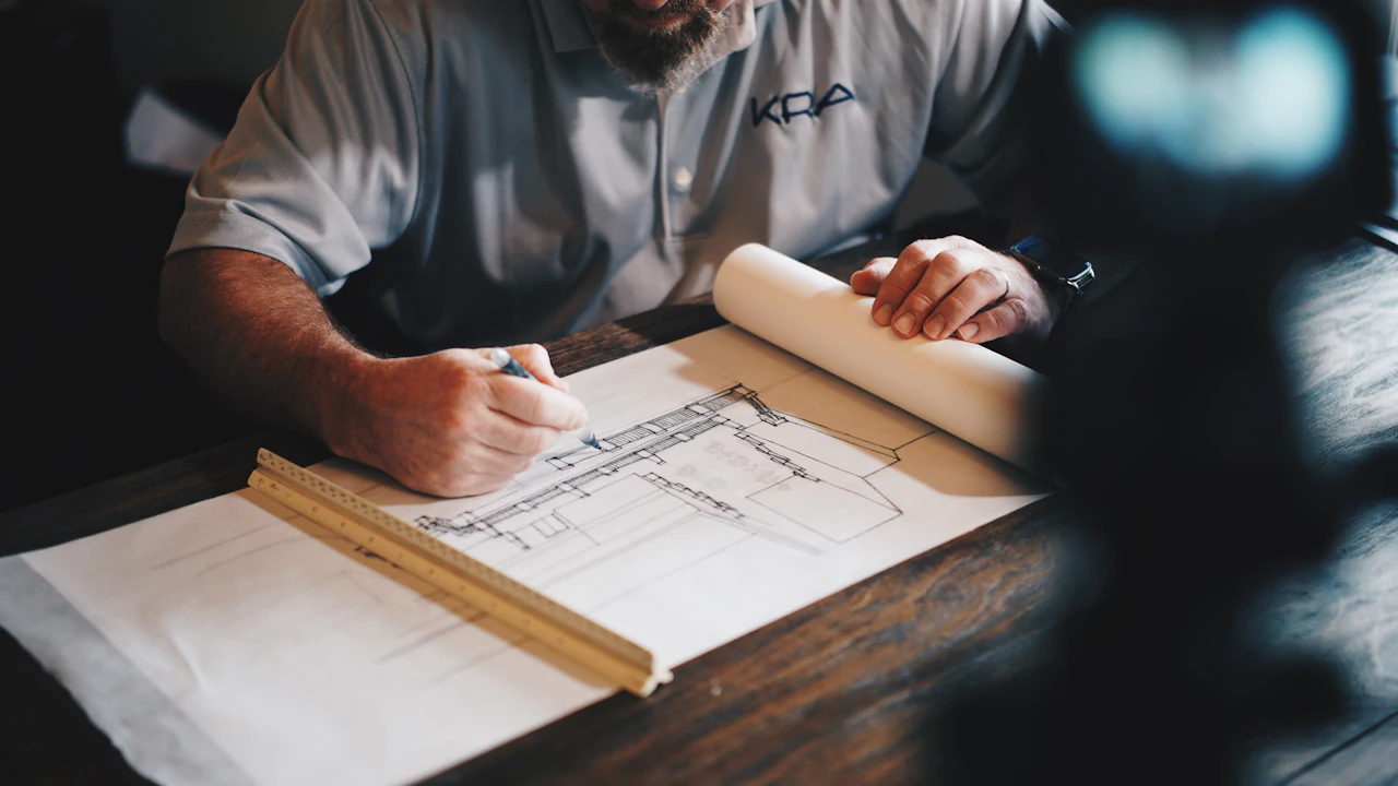 Hands drawing cabinetry plans with a pencil and ruler