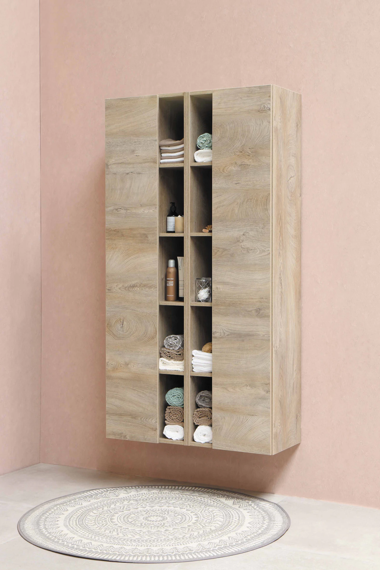 Tall oak open shelving