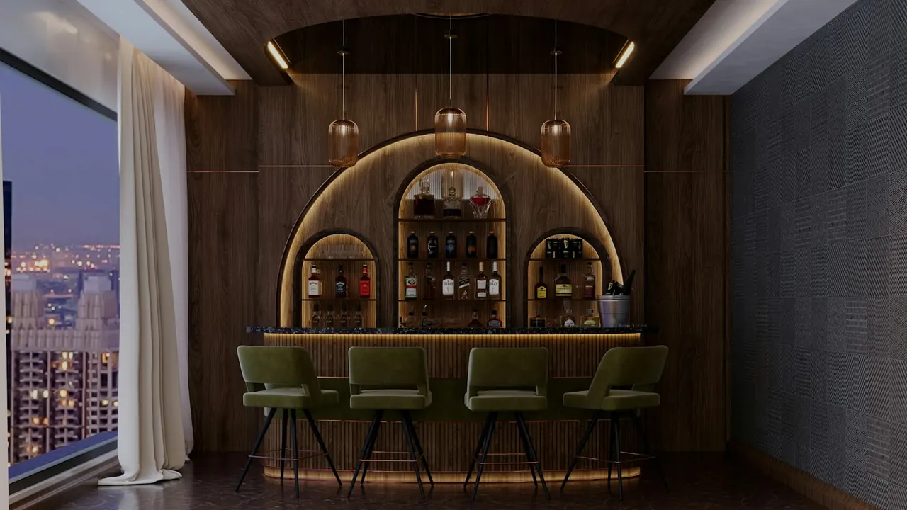 Home bar with an arched wood back bar and stools