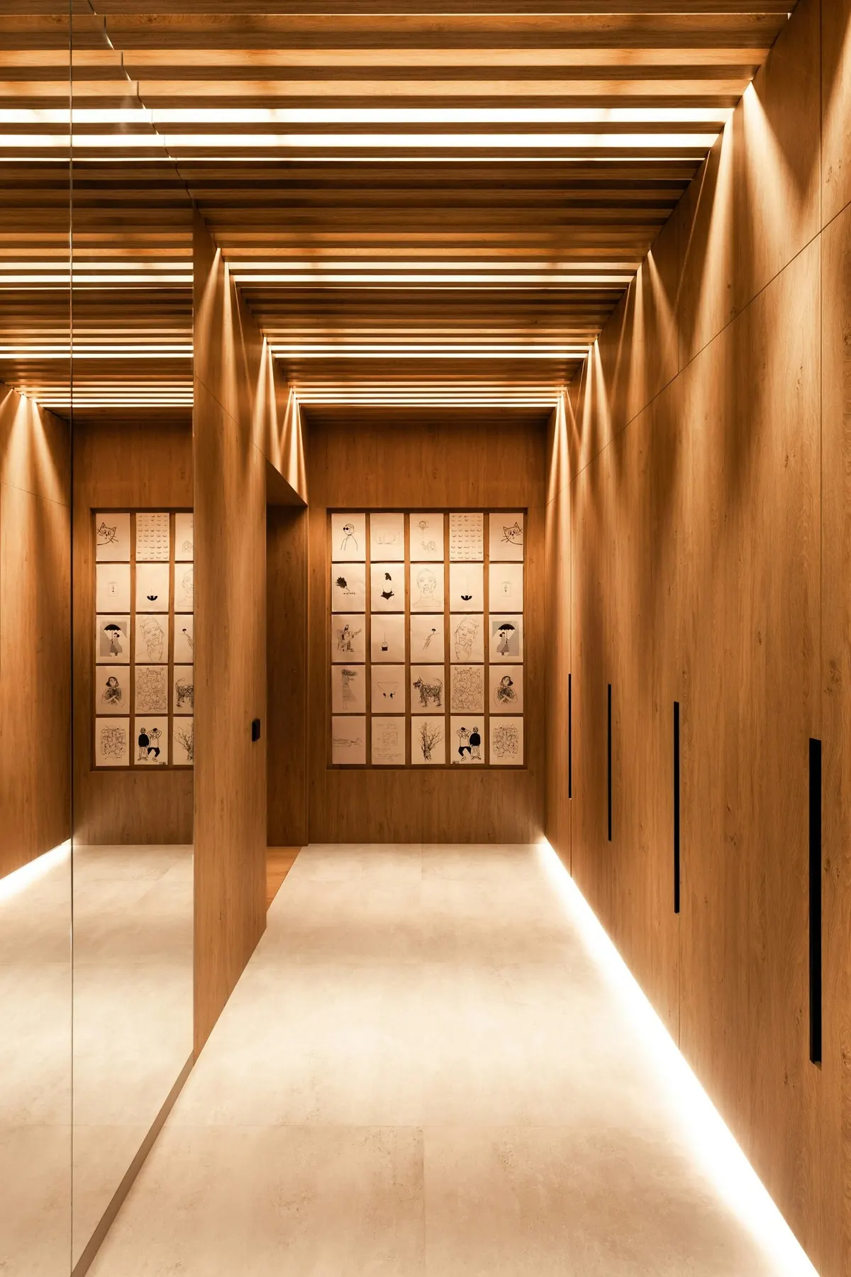 Hallway with wood wall and ceiling panels