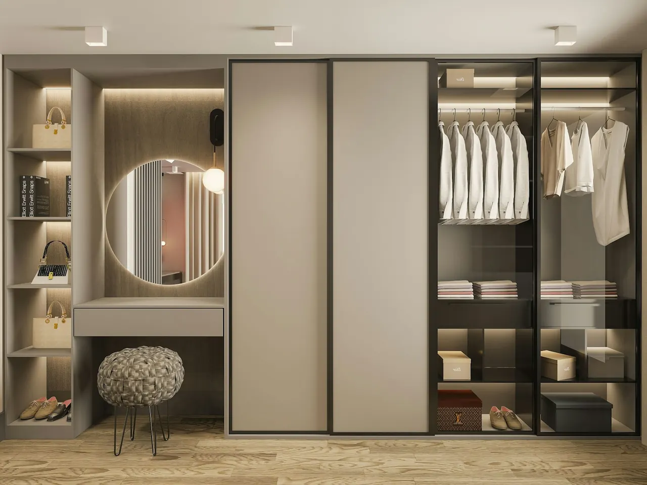 Built-in wardrobe with a vanity nook and lit shelves
