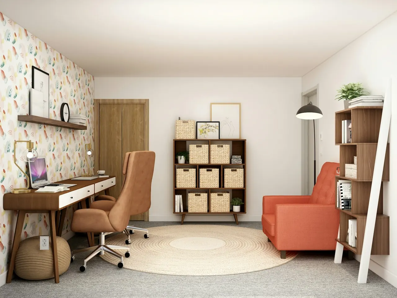 Home office with a long desk and storage shelves
