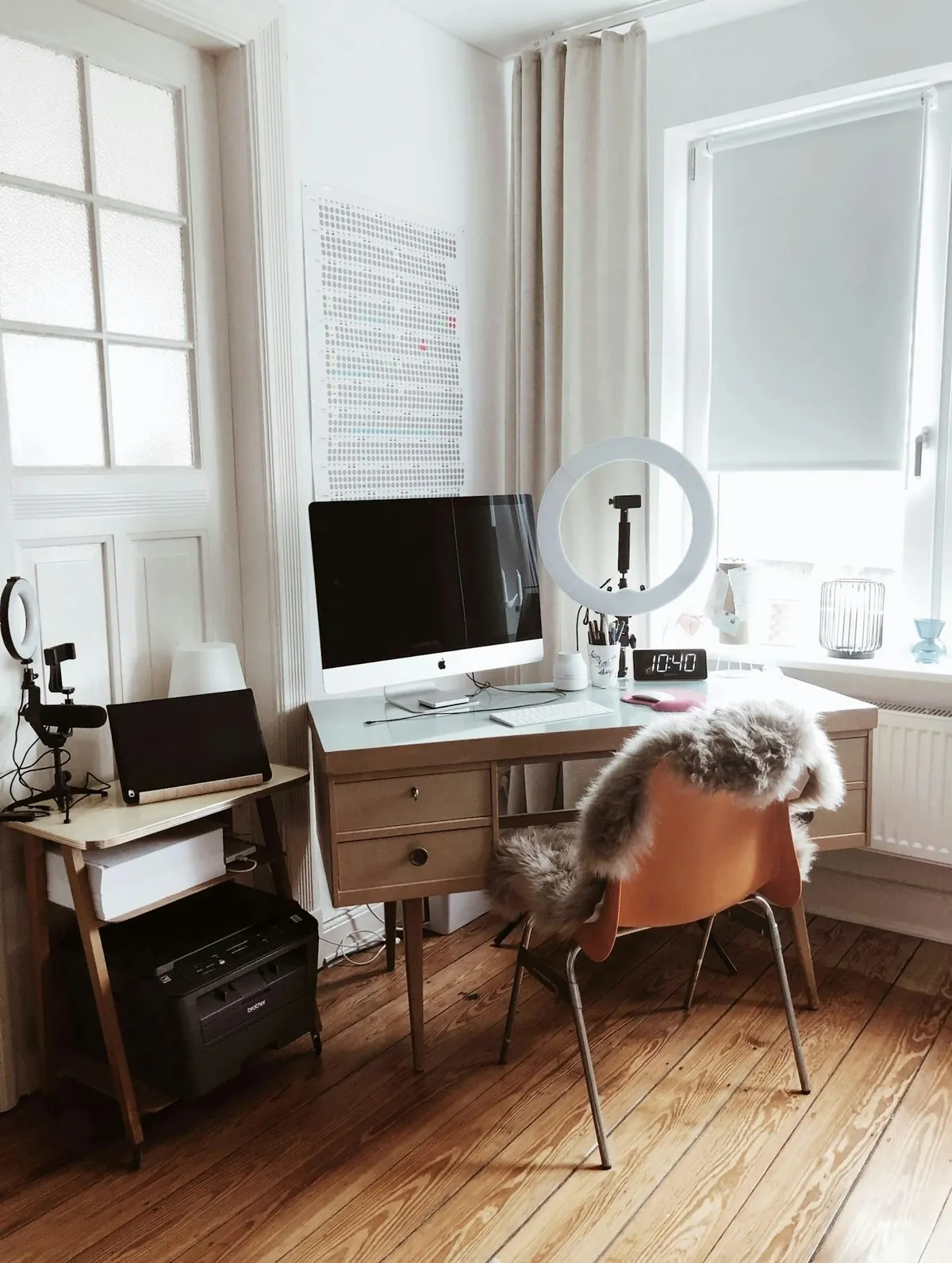 Wood desk by a bright window