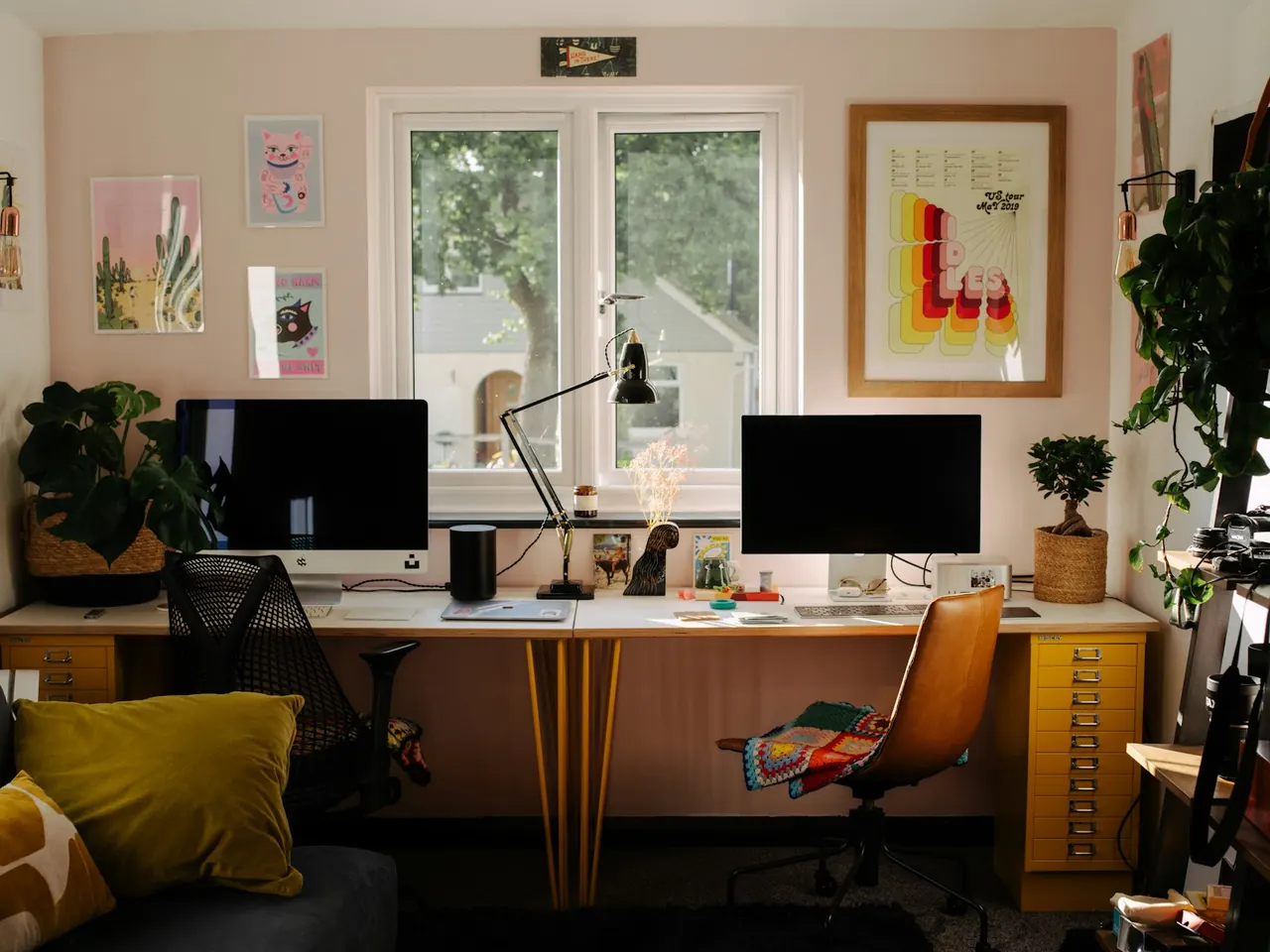 Home office with a long two-person desk