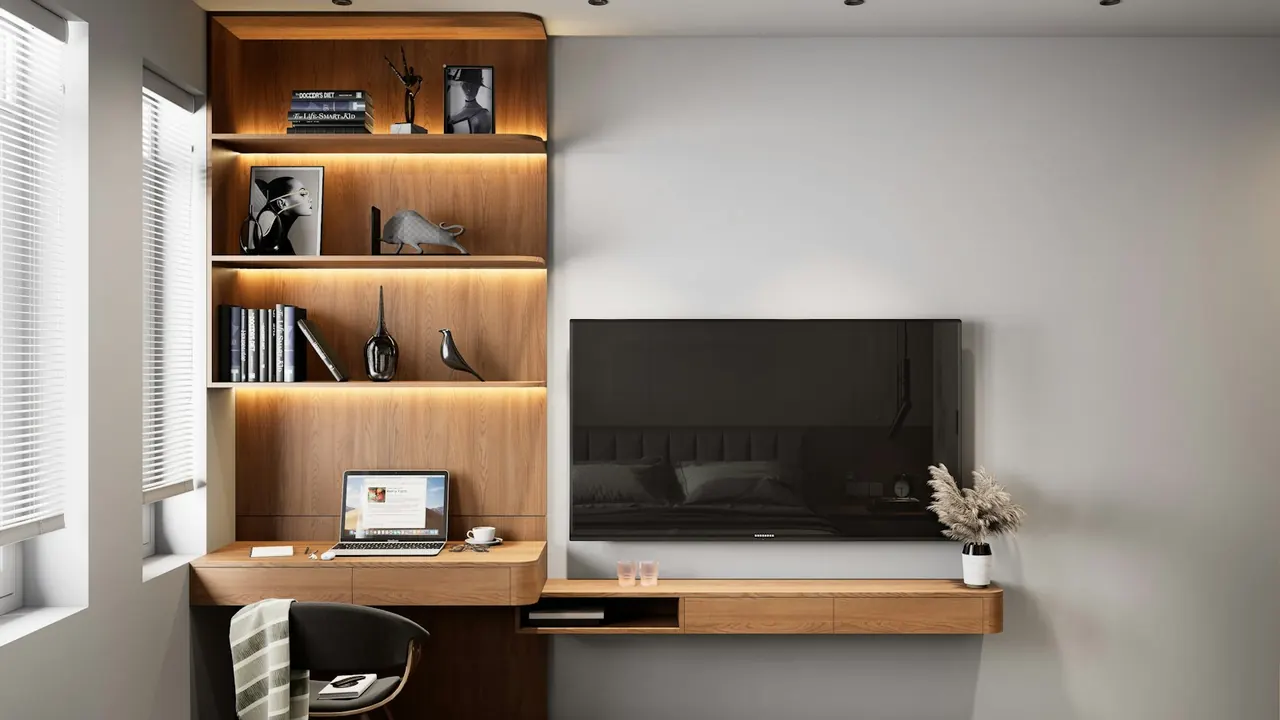 Wood shelving wall with a built-in desk and television