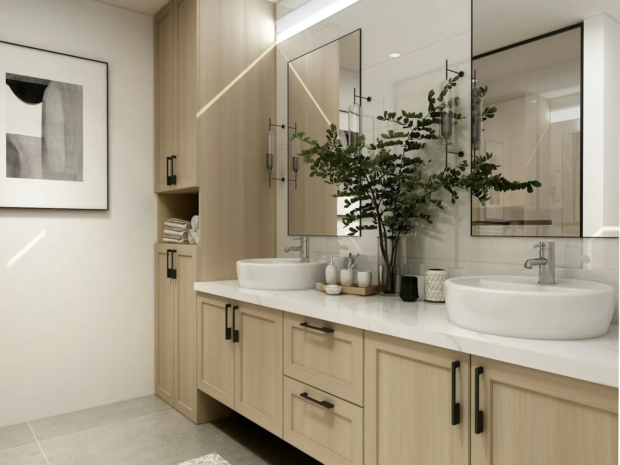 Light oak double vanity with a linen tower