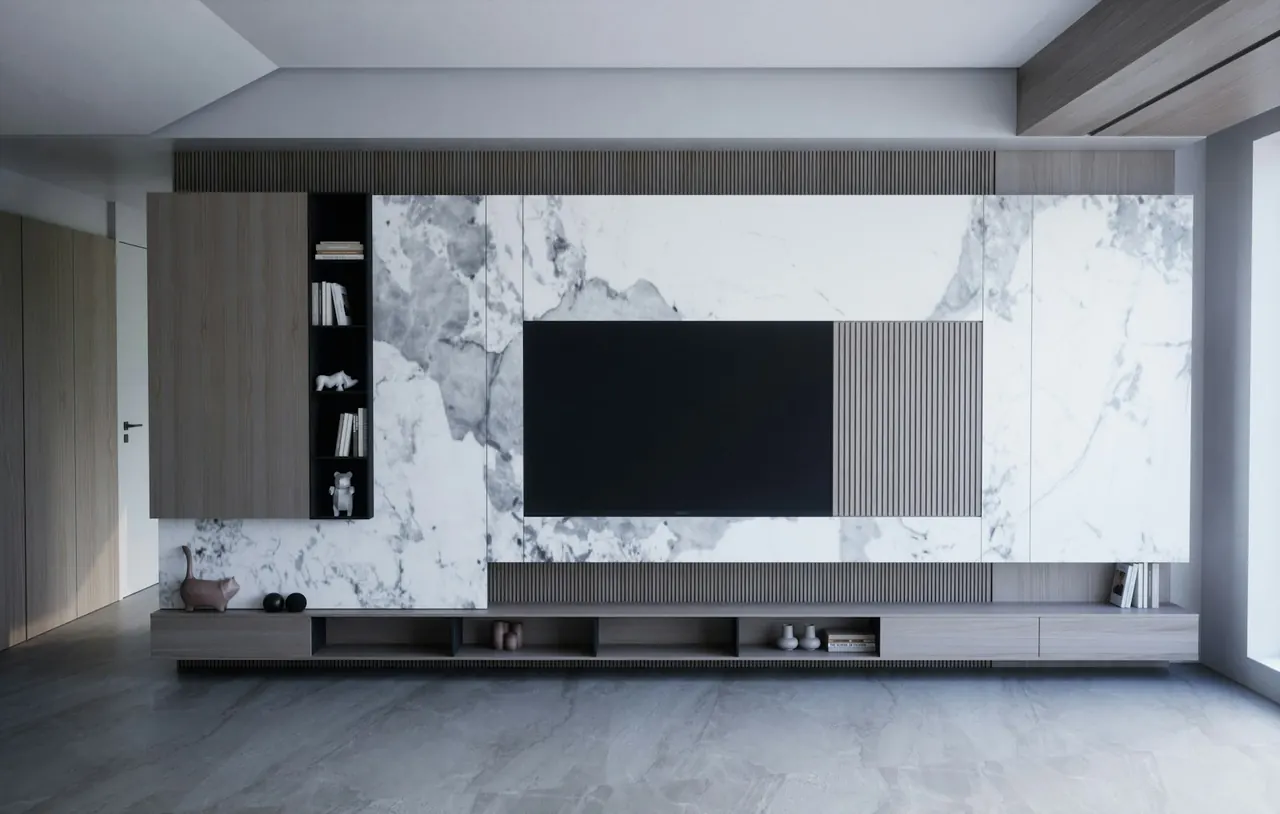 Media wall with a marble panel and grey cabinets